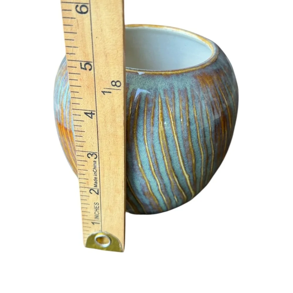 Handmade Studio Pottery Planter Vase Teal Amber Reactive Glaze Ribbed Pottery